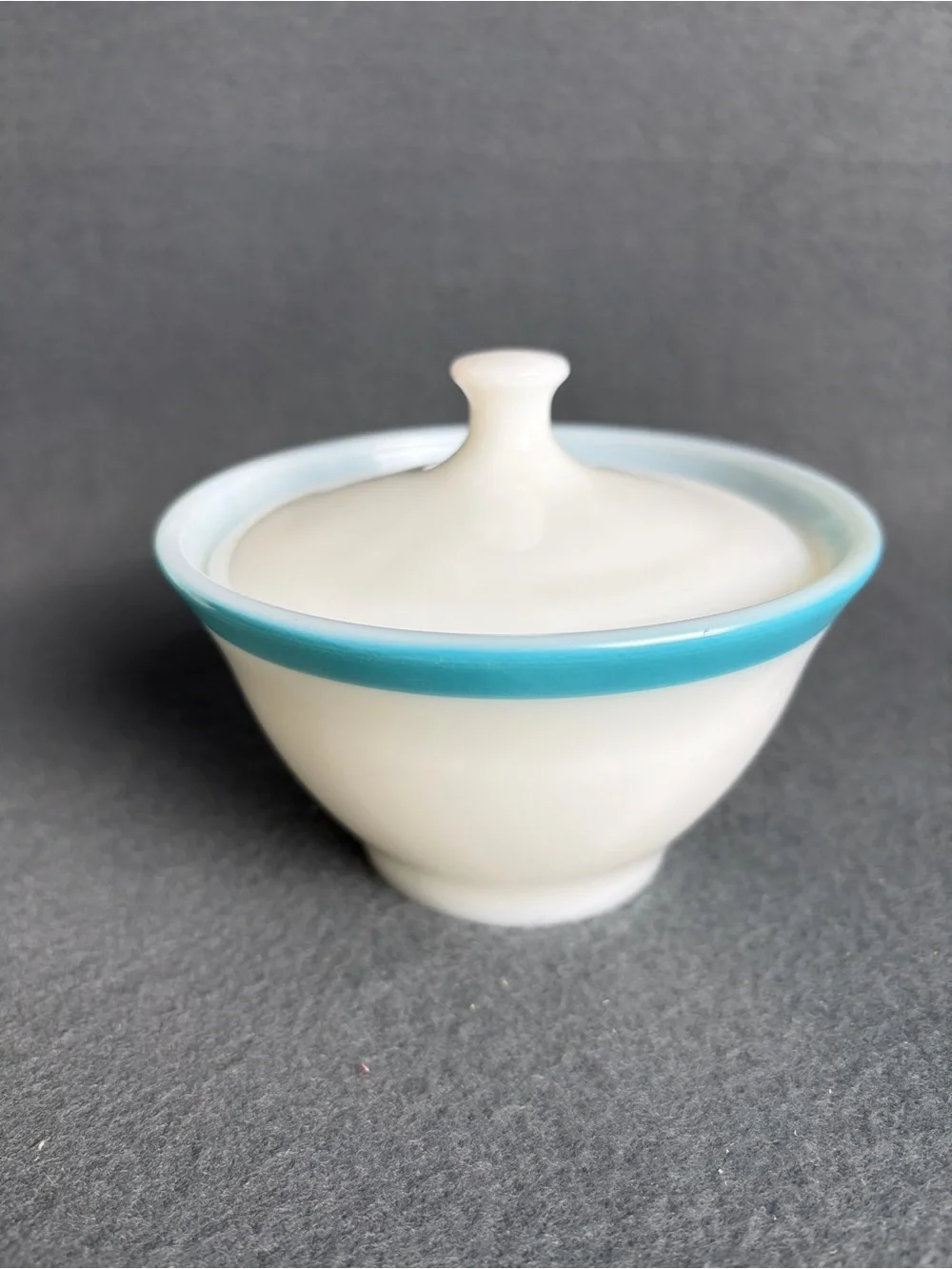 MCM Vintage 1950s Pyrex Turquoise Blue Rim Sugar Bowl W/ Lid and Creamer Set